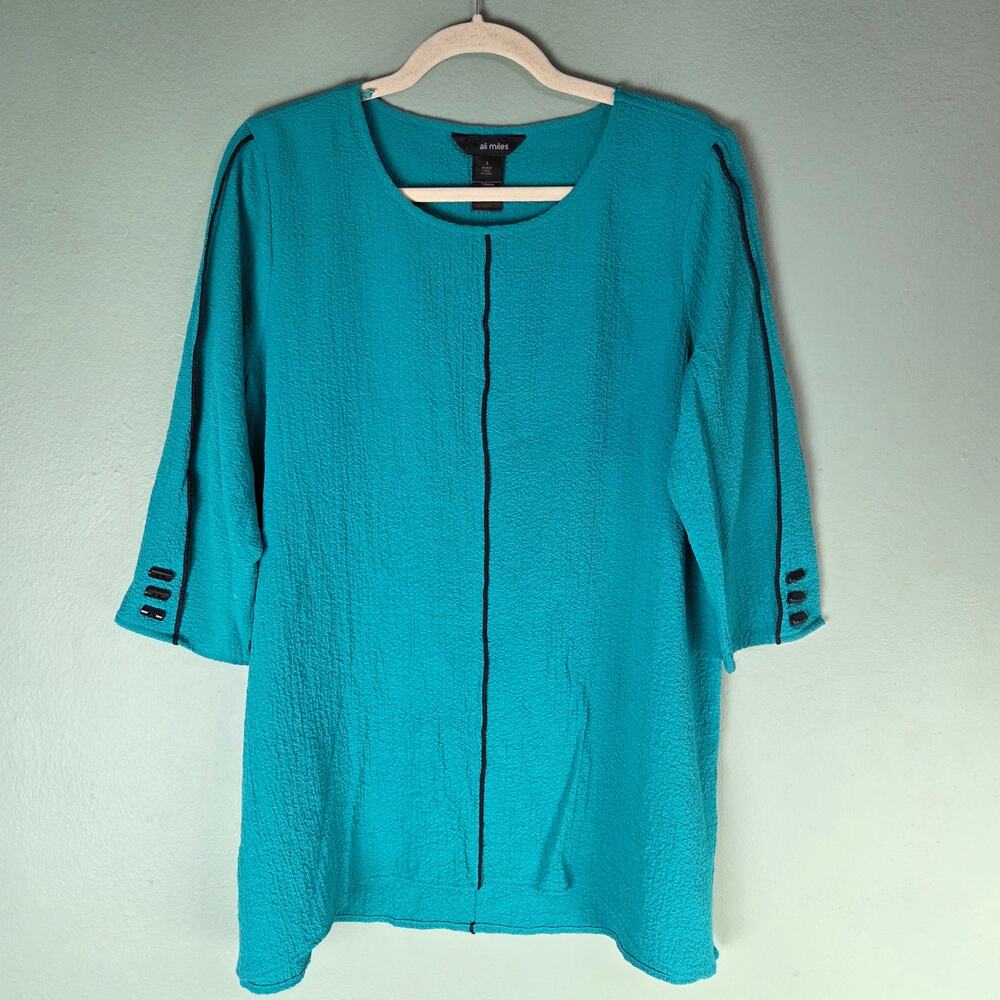 Ali Miles Womens Blue Crinkle Lagenlook Blouse Top Button Detail Size Small